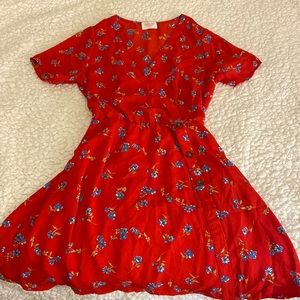 Red floral V neck dress